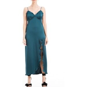 Max Studio London Teal Satin Maxi Slip Dress (Size L, EUC) Holiday‎ Party Dress